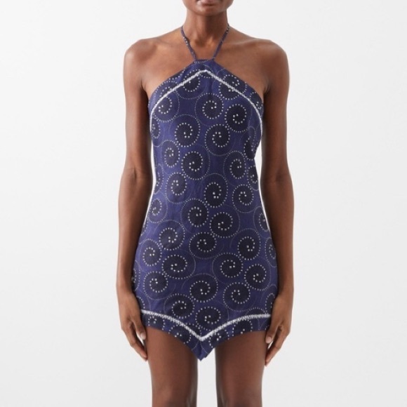 STAUD Dresses & Skirts - STAUD Navy Blue Swirl Linen Halter Neck Sleeveless Pointed Hem Megan Mini Dress